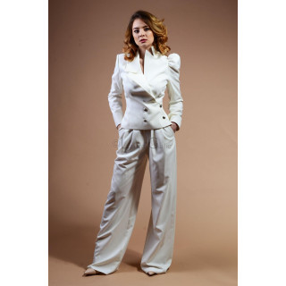 Perla white women's suit with a wide-lapel jacket and wide-leg trousers, styled with nude shoes