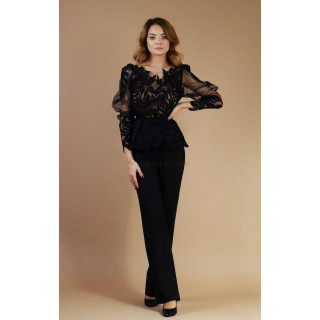 Compleu Diana 2 negru cu bluză din dantelă cu mâneci ample și pantaloni drepți