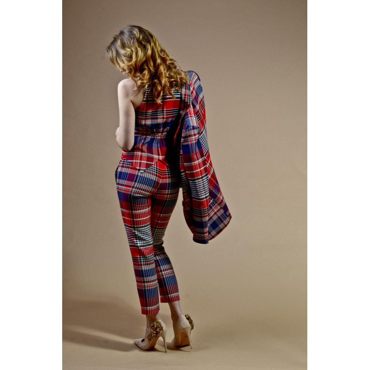 Back view of the Ramona Suit 2 plaid trousers with the blazer draped over the shoulder