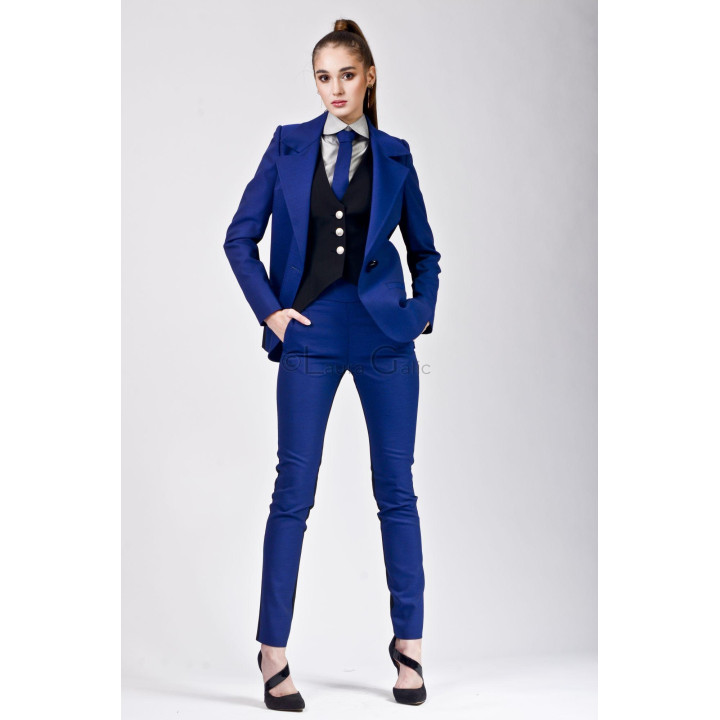 Front view of the blue Ramona jacket with black panels and open lapels