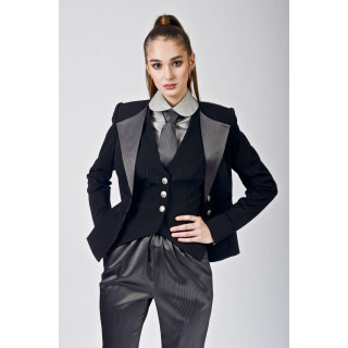 Costum damă Patricia cu sacou negru cu detalii gri, vestă și pantaloni John 2