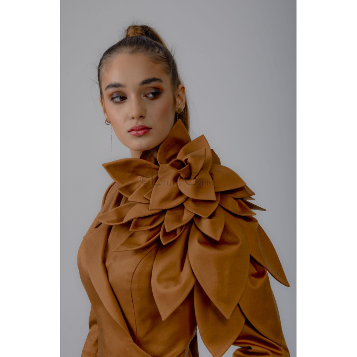 Close-up of the Delia jacket’s oversized flower with layered petals
