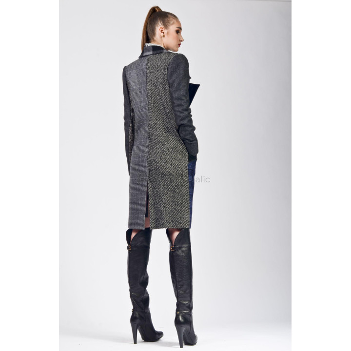 Back view of the Nadia coat with contrasting grey patterned panels