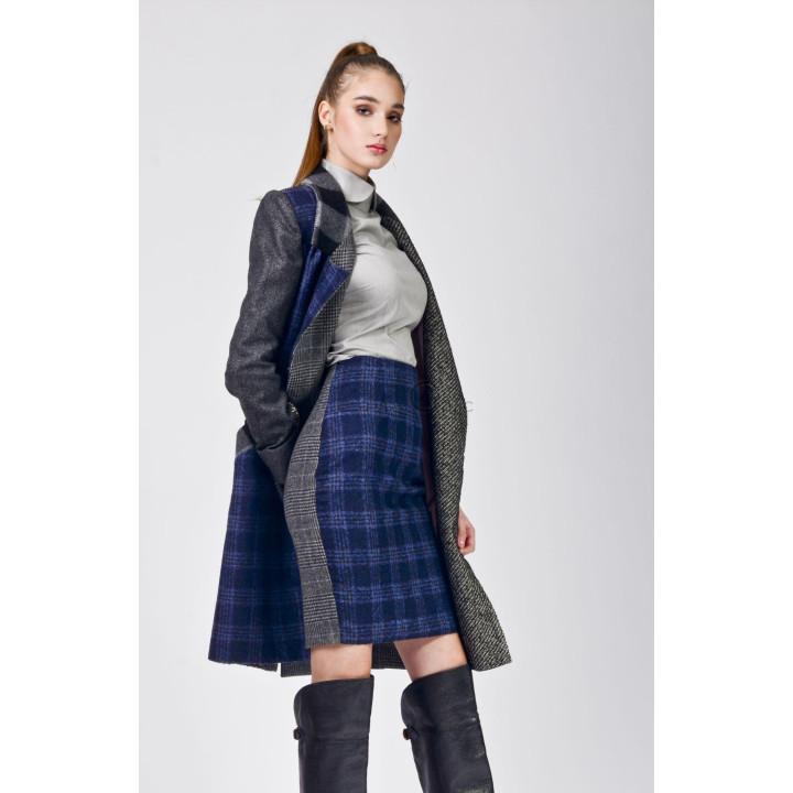Blue checked skirt and mixed-fabric panels on the Nadia coat