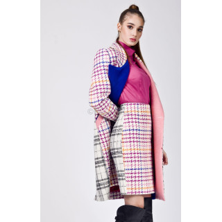 Nadia skirt suit with a multicoloured houndstooth skirt and coat with blue contrast lapel