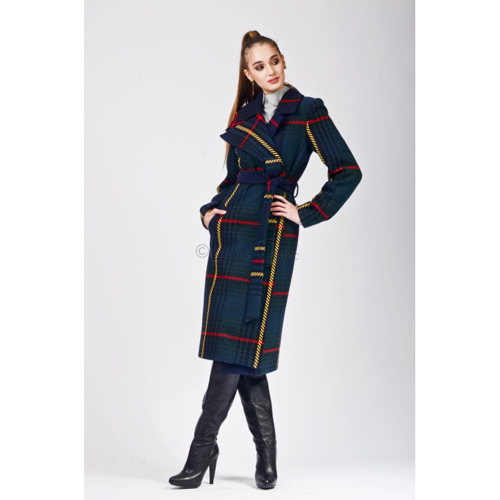 Palton de damă Romanita cu carouri multicolore, rever lat și mâneci lungi