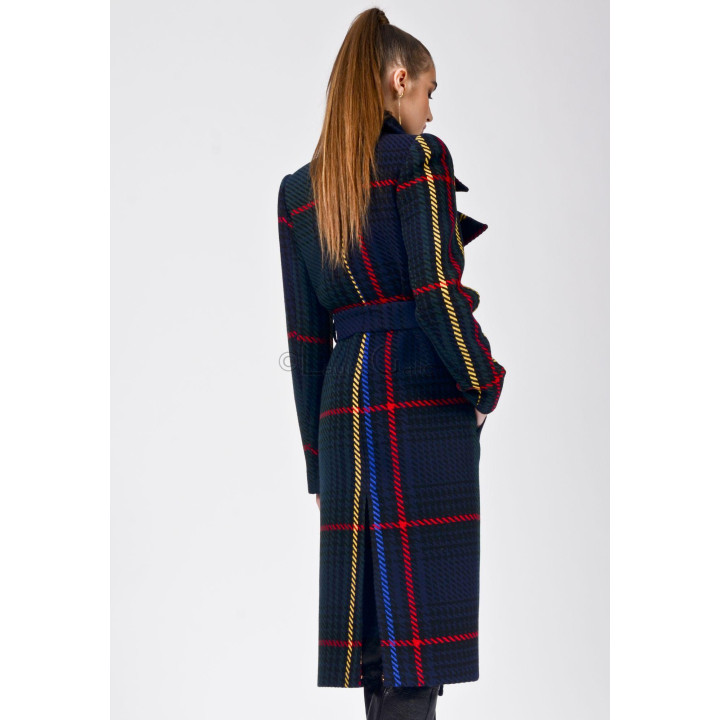 Back view of the Romanita wool coat, showing its plaid pattern and waist belt