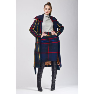 Romanita wool coat with a waist belt and navy, red and yellow checks