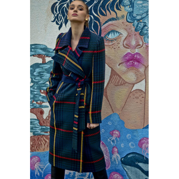 Close-up of the Romanita coat's wide lapels and colorful check pattern