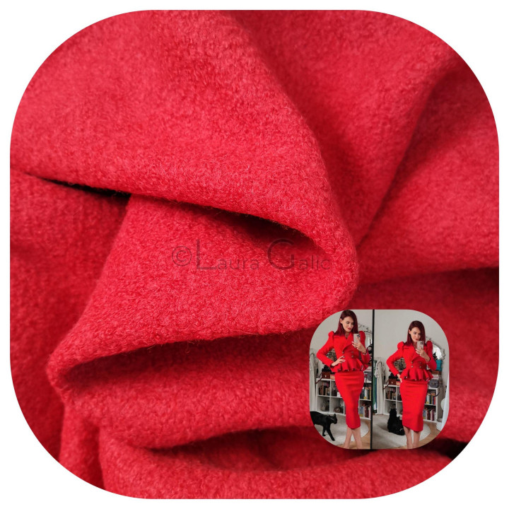 Red textured fabric swatch with an example of the Carmen 2 suit in this shade