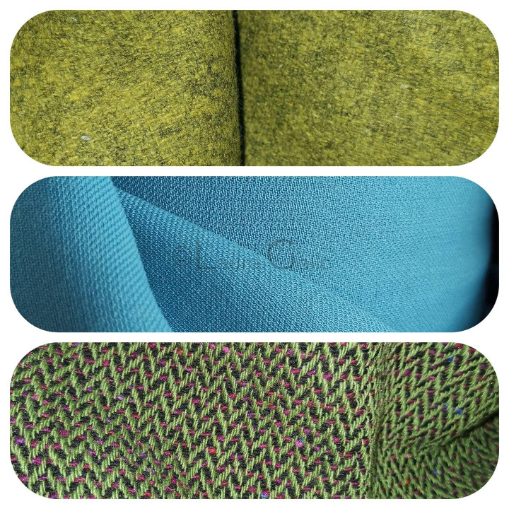 Mostre de materiale în nuanțe de verde, turcoaz și verde multicolor pentru alegerea țesăturii