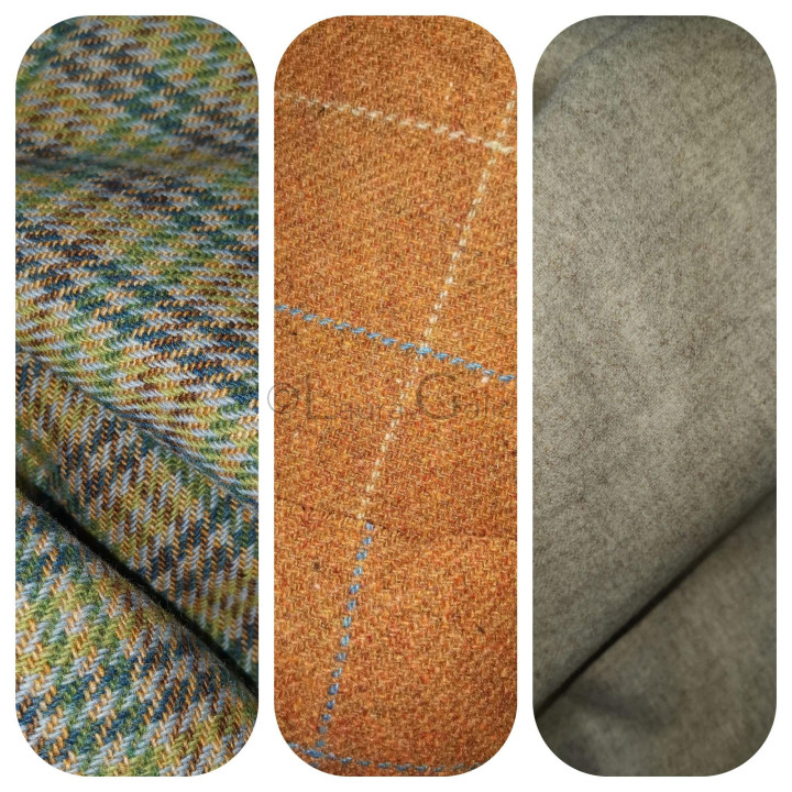 Fabric samples in varied textures and patterns, including checks and neutral shades
