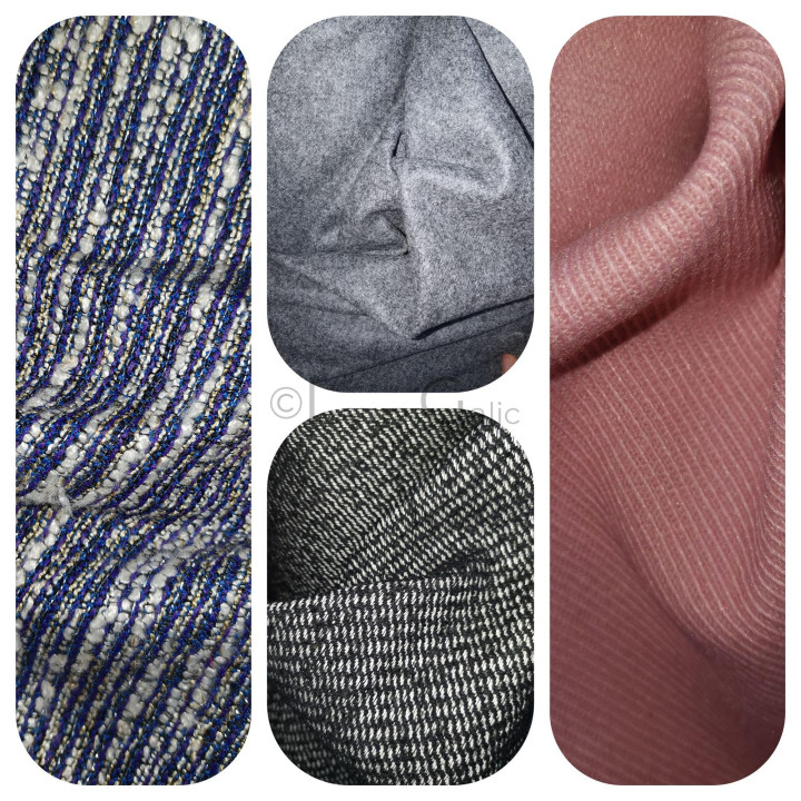 Mostre de materiale cu texturi diferite în nuanțe de albastru, gri, negru și roz