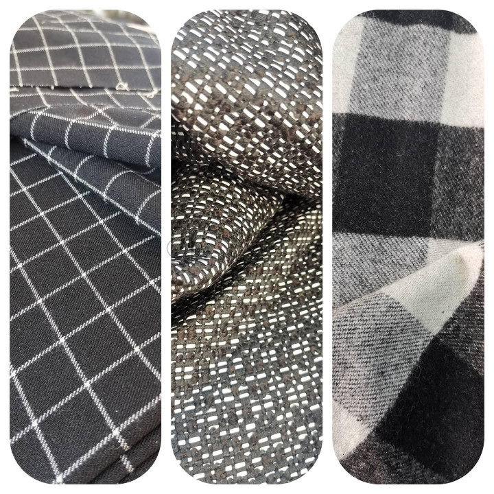 Checked and black-and-white fabric samples for the Carmen 2 suit