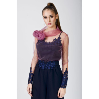Compleul Donatela 2 cu bluză roz-mov din tul, aplicații florale bleumarin și pantaloni John 2