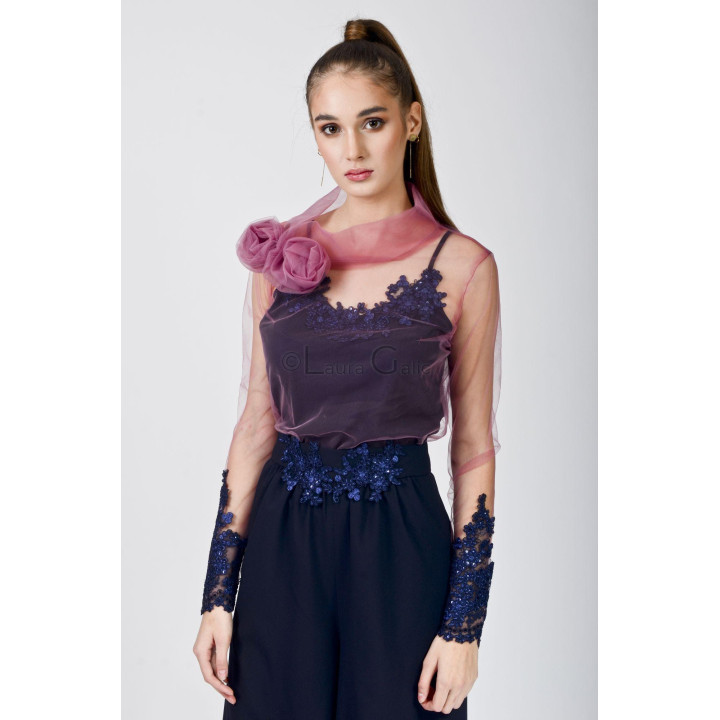 Donatela 2 ensemble with rose-mauve tulle blouse, navy floral appliqués and John 2 trousers