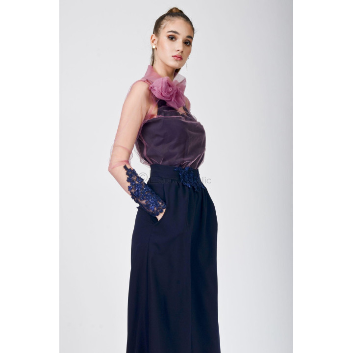 Side view of the Donatela 2 set with sheer tulle blouse and navy John 2 trousers
