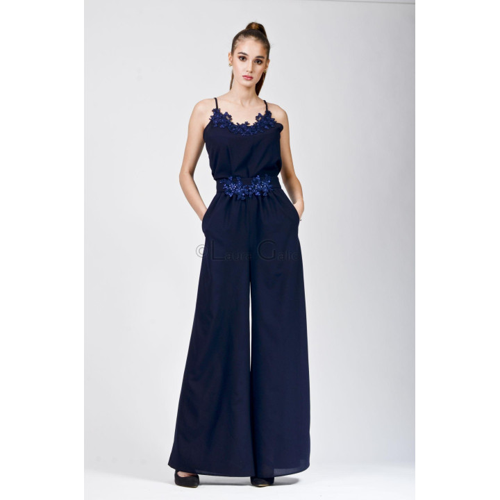 Navy John 2 wide-leg trousers with side pockets and floral appliqués on the waistband