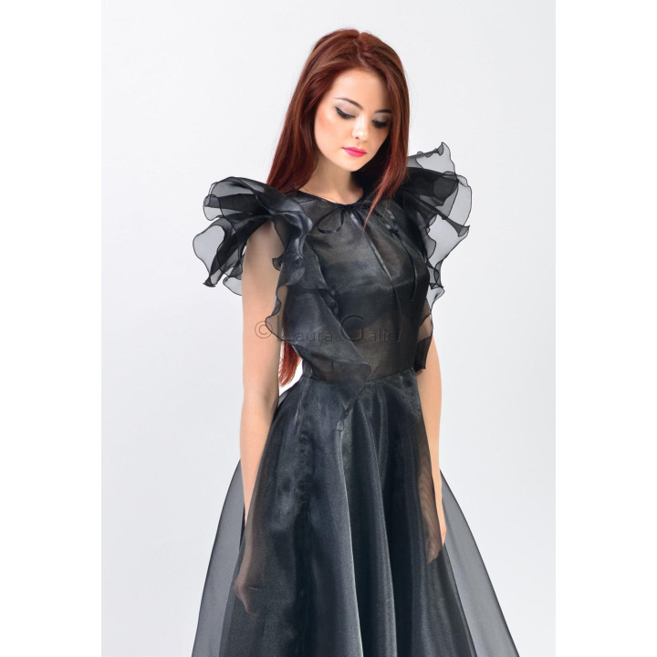 Close-up of the Aliona dress bodice and layered organza ruffles