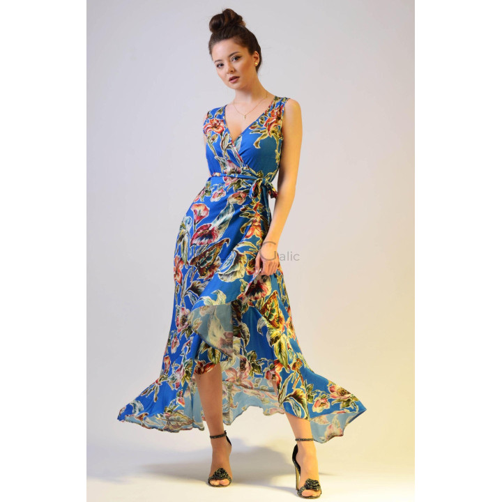 Rochie Chiara 2 cu decolteu în V, cordon în talie și imprimeu floral multicolor
