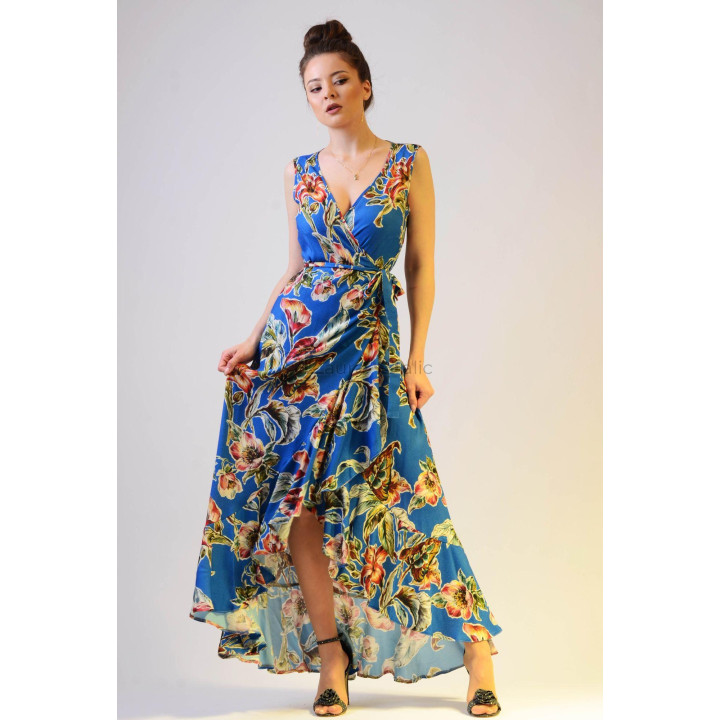 Rochie lungă Chiara 2 cu fustă petrecută și panouri suprapuse cu imprimeu floral