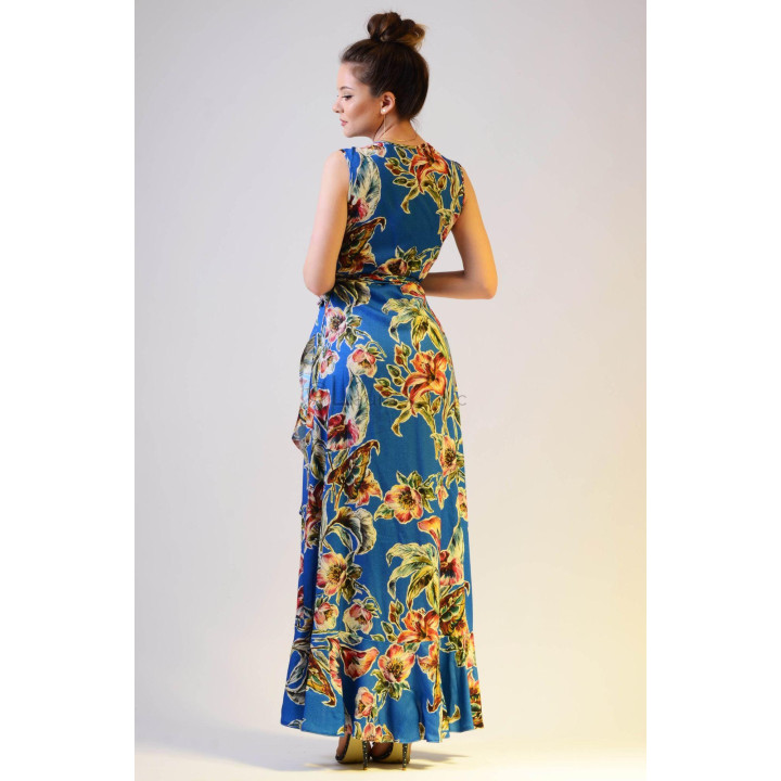 Back view of the Chiara 2 dress with wide straps and a multicoloured floral print on blue