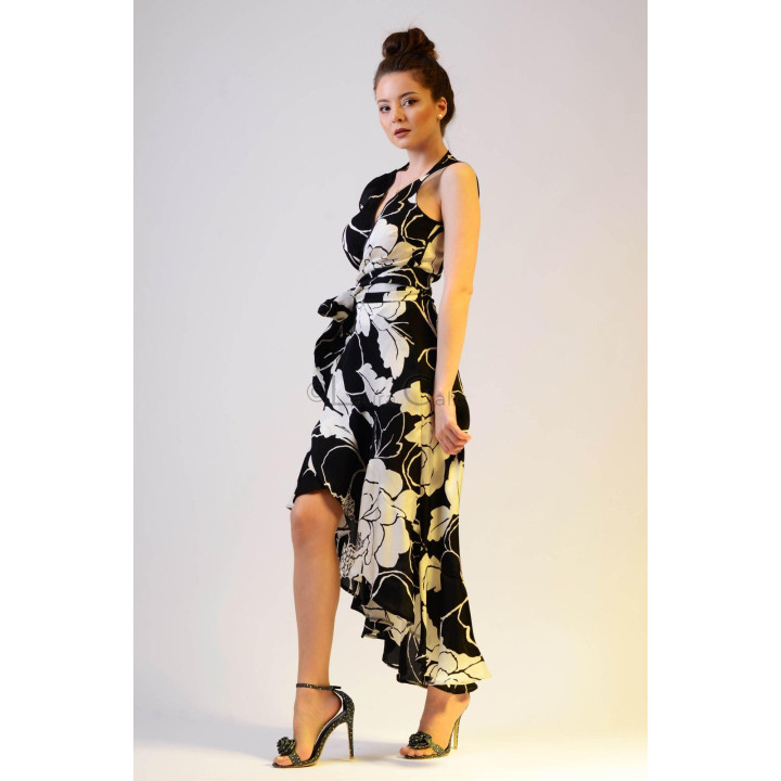 Rochie Chiara 3 cu imprimeu floral, decolteu în V și bandă legată în talie, din lateral