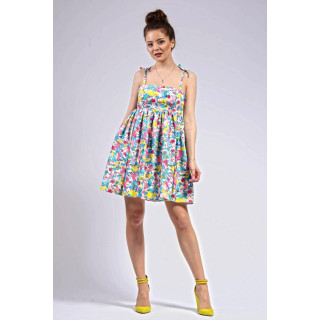 Elena cotton babydoll dress with a multicoloured print and tied shoulder straps