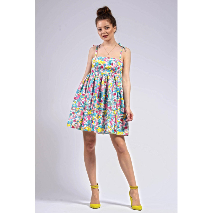 Rochie babydoll Elena din bumbac, cu imprimeu multicolor și bretele legate pe umeri