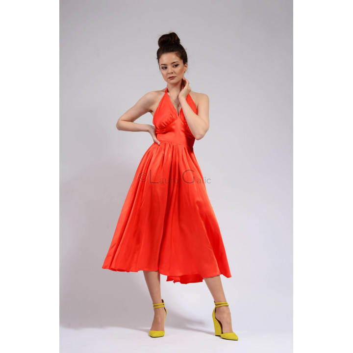 Rochia coral Felicia cu bust cu fronseuri și fustă midi