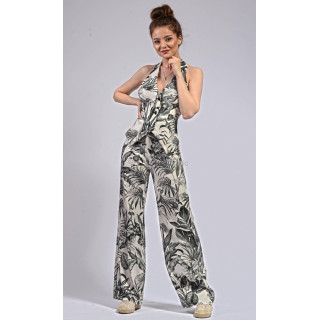 Costum Ramona Basic cu vestă halter și pantalon Ursula larg, cu imprimeu botanic alb-negru