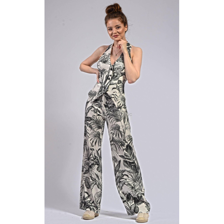 Costum Ramona Basic cu vestă halter și pantalon Ursula larg, cu imprimeu botanic alb-negru