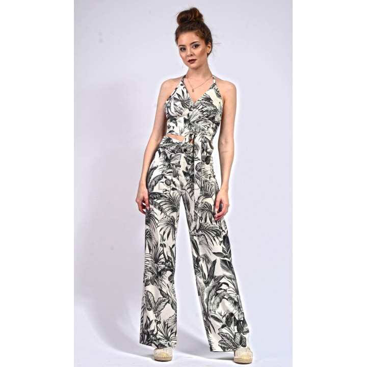Costum de vară Pamela din două piese, cu top fără spate și pantaloni largi cu imprimeu botanic