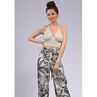 Ivory Pamela cotton lace top with a V-neckline and halter straps