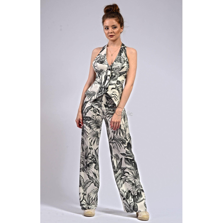 Ursula linen trousers featuring a high-rise waist and an all-over foliage print