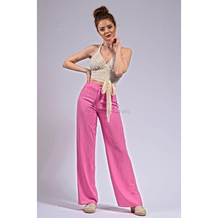 Pantaloni Ursula roz din in, cu craci largi și betelie cu două nasturi
