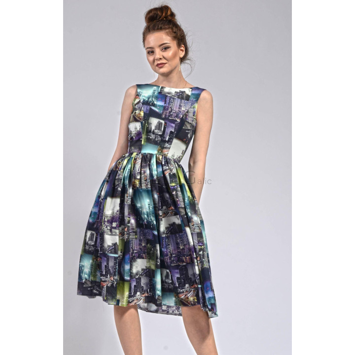 Rochie Gina Urban fără mâneci, cu talie definită și imprimeu cu peisaje urbane