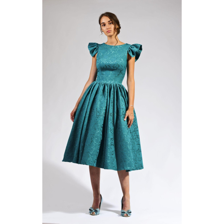 Rochie Lidia, brocard tesut din bumbac, jupa tulle, la comanda, material pozat indispoibil