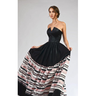 Erica 5 evening gown with black corset and full skirt featuring a pink, white and black striped panel