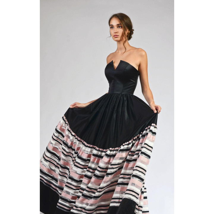 Rochia de seară Erica 5 cu corset negru și fustă amplă cu bandă în dungi roz, albe și negre