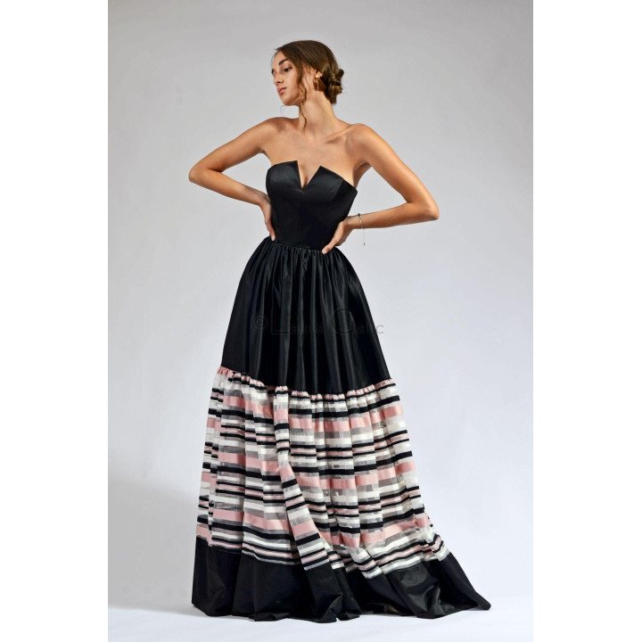 Rochie Erica 5 cu corset fără bretele și fustă lungă cu detaliu în dungi