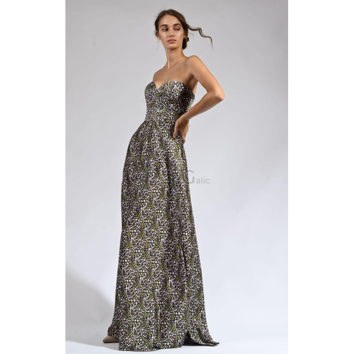 Rochia lungă Alma cu corset și fustă amplă cu imprimeu floral alb și verde