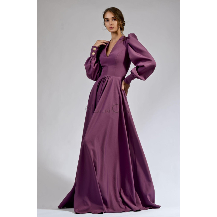 Rochie de ocazie Antonia 1 cu mâneci bufante și fustă lungă mov