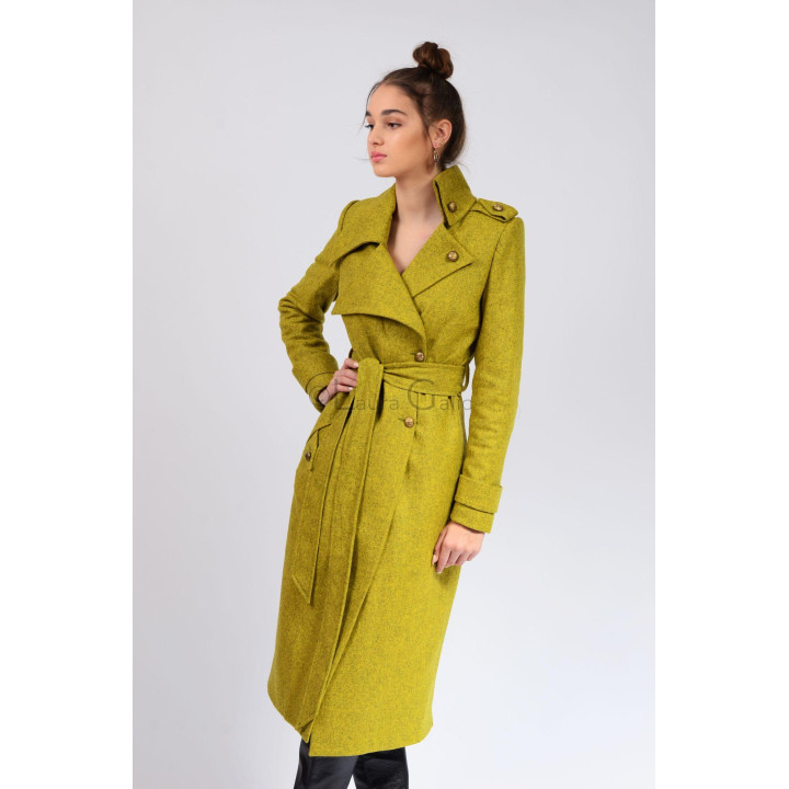 Long Romanita 2 coat with a belted waist and asymmetric lapel in yellow-olive