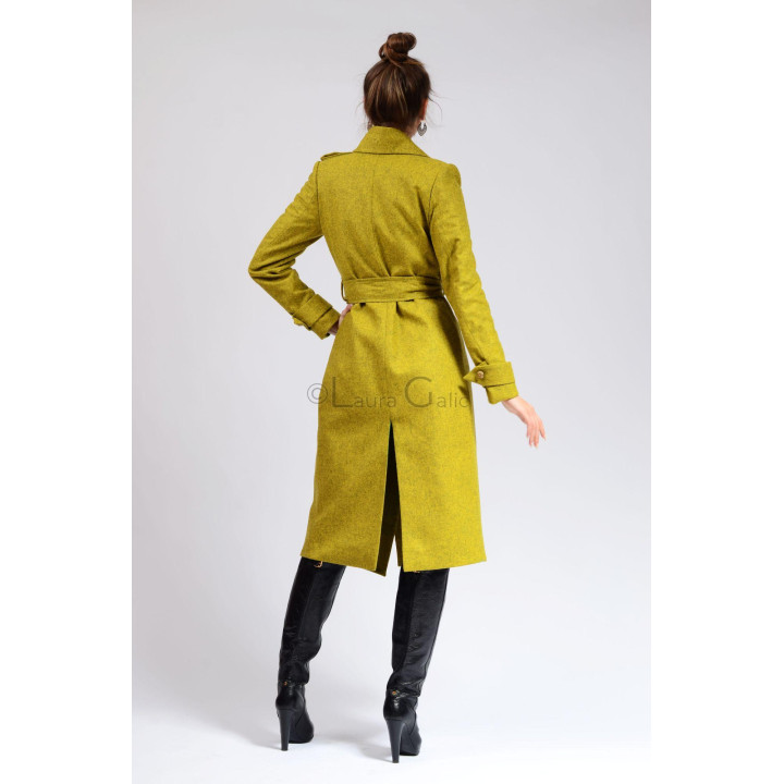 Back view of the Romanita 2 long coat with a waist belt and hem vent