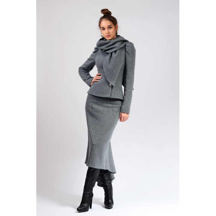 Front view of the Beatrice Short women's suit with a fitted button-fastened jacket and matching skirt