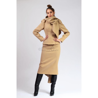 Beatrice short suit with a beige scarf-collar jacket and matching long skirt