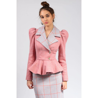 Carmen 3 suit with pink peplum jacket, checked lapels and long grey skirt with coral lines