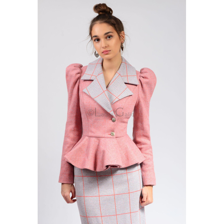 Carmen 3 suit with pink peplum jacket, checked lapels and long grey skirt with coral lines