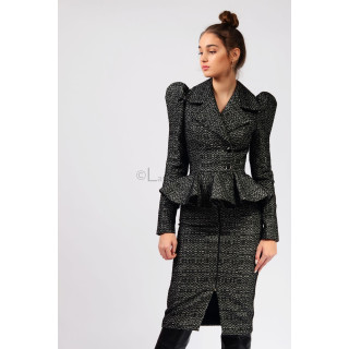 Carmen 5 women's suit with broad-lapel peplum jacket and textured black-and-white pencil skirt